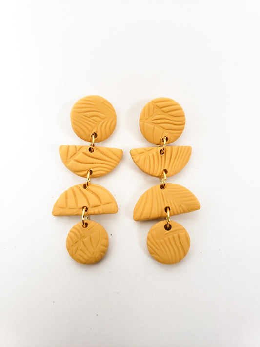 Leafy line textured stud dangles (circle, half circle, half circle, circle) in mustard yellow