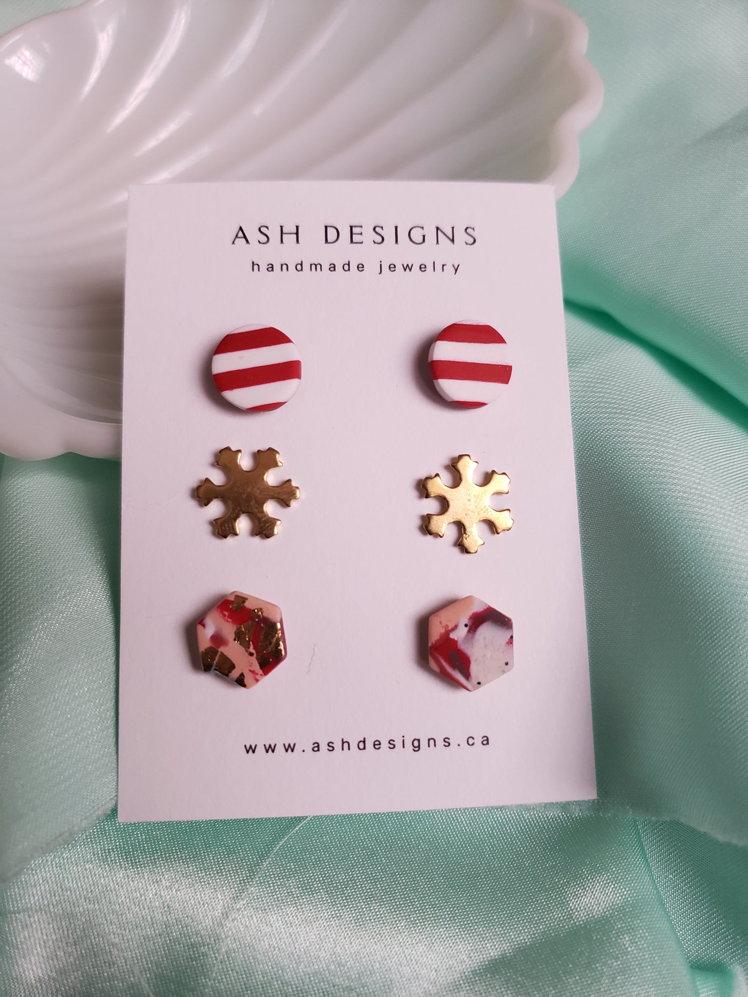 Red and white stripe circle studs, snowflake brass studs, marble pattern hexagon studs