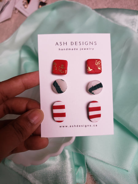 Red and gold leaf square studs, translucent clay wreath circle studs, red and white strip oval studs