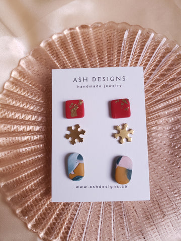 Red and gold leaf square studs, snowflake brass studs, pink, mustard, teal marbled oval studs